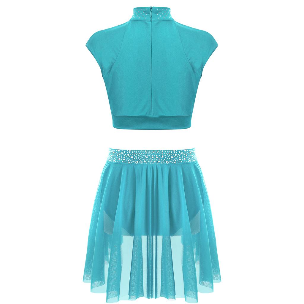 Girls Figure Skating Outfit Sleeveless Cutout Crop Top Rhinestone Waistband Ruched Irregular Skirt Dance Wear