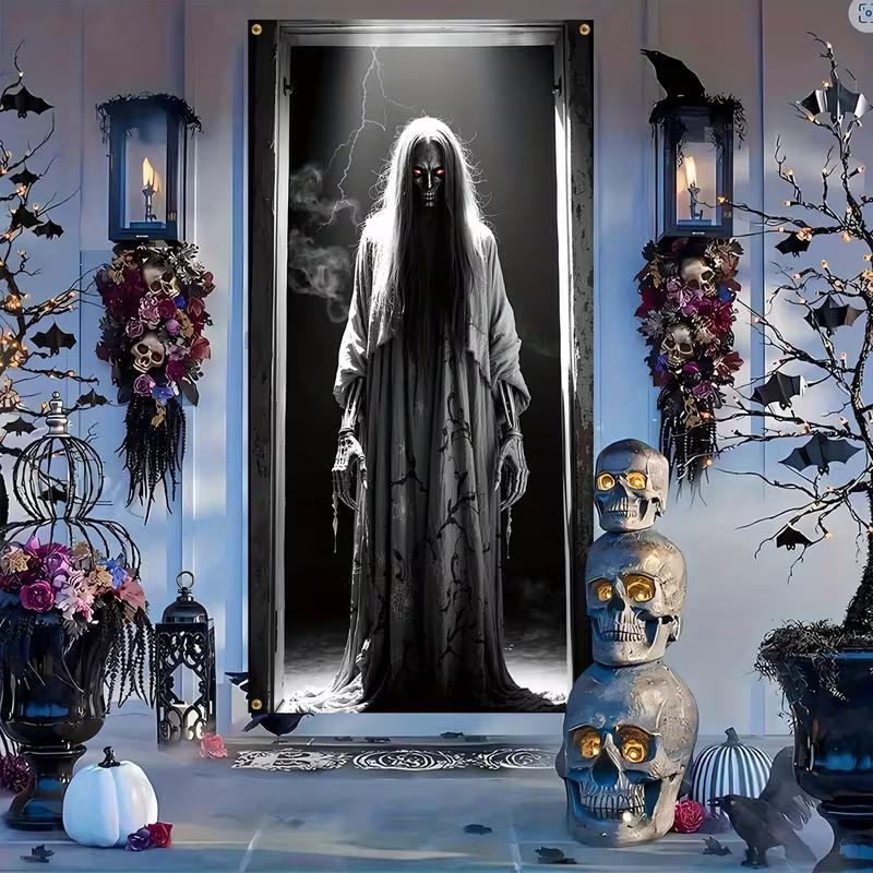 2D Creepy Halloween Ghost Door Banner, Spooky Skeleton Woman Backdrop