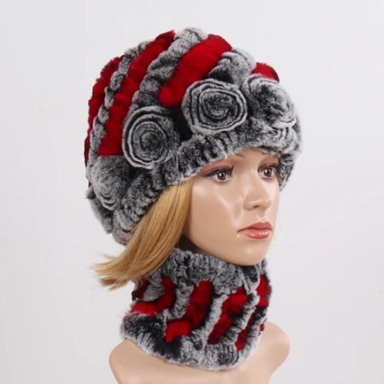 New Good Elastic Lady Winter Rex Rabbit Fur Hats Scarves Knitted Women Natural Fur Caps Scarves Sets 2 Pieces Hats Mufflers