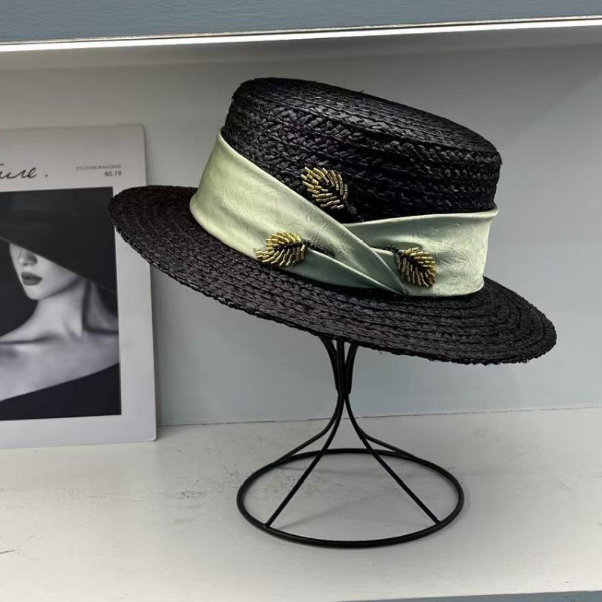 

French high-end Lafite grass flat top hat exquisite elegant sun protection shading hat women s summer outings чорний