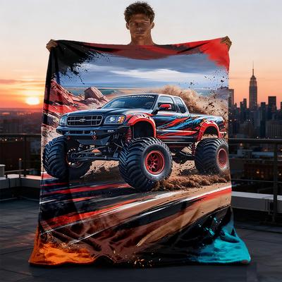 1pc Monster Truck Adventure Outdoor Flannel Blanket Soft All Season Polyester Throw , Perfect for Picnics & Travel , Picnic Accessory