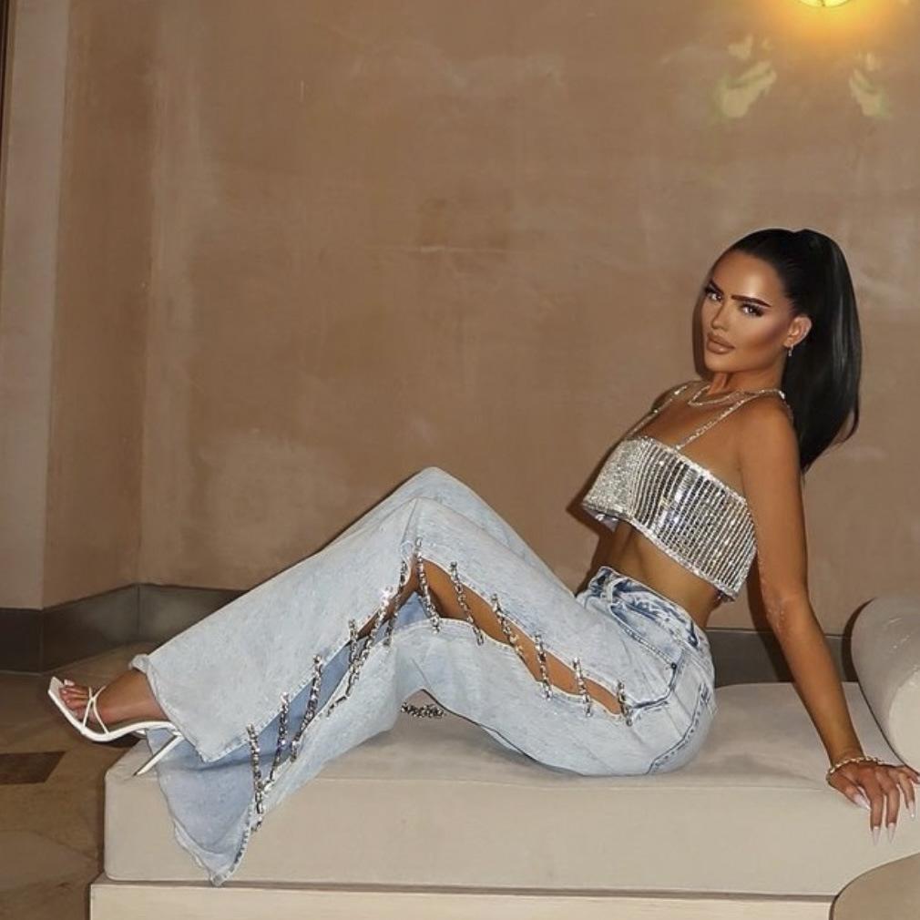 Crystal Chain Wide-leg Loose Jeans High Waist Hollow Summer Pants