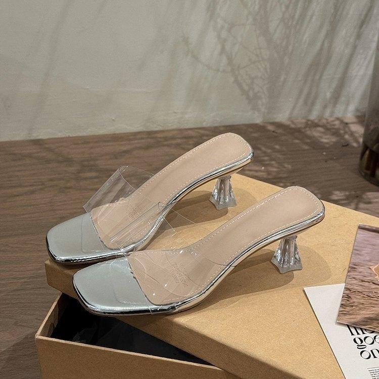 

Sandals women s outer wear medium heel transparent word fashion fashion slippers 35 серебряный