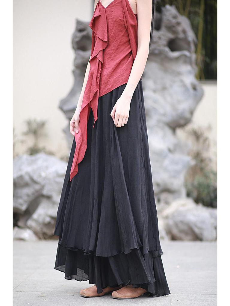 25 Jarní/Letní Chladný Tón Tencel Bambus Vrstvená Dvouvrstvá Maxi Swing Midi Sukně