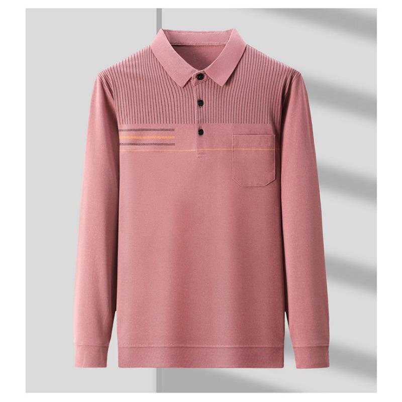 Men Long Sleeve Thin Turn Down Collar Striped Casual Pocket Polo Shirt For Middle Aged Men