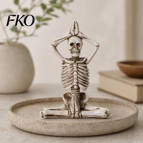 Distressed Texture Halloween Ornament Yoga Skeleton Statue, Funny Dead Figure for Party Decor, Skull Decoration Resin Gothic Haunted House,