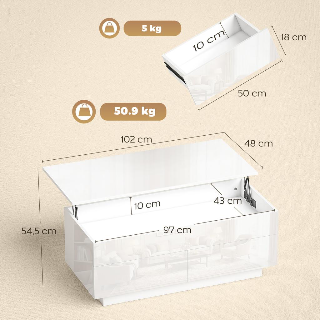 Coffee Table Height-Adjustable, Modern Living Room Table with Hidden Storage and 2 Drawers, High Gloss White