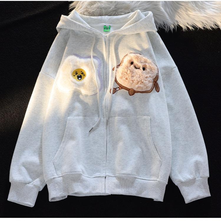 Japanese retro milk fufu cartoon plush embroidered cardigan sweater women loose casual couple hooded jacket
