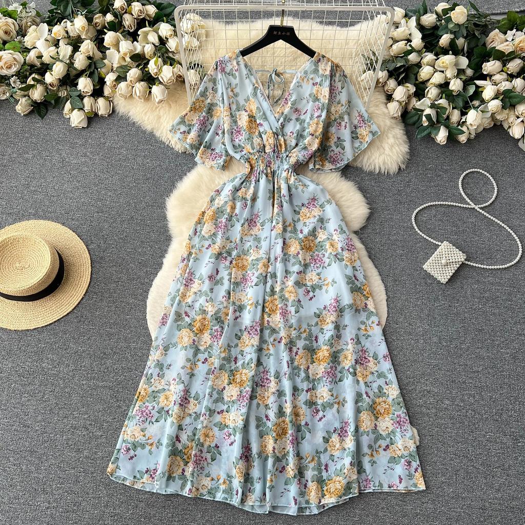 Abito Chiffon Stampato Sle Vacanza al Mare Donna Estate Nuovo Scollo a V Aderente in Vita Snellente Lunghezza Media Ampia Gonna a Ruota Moda