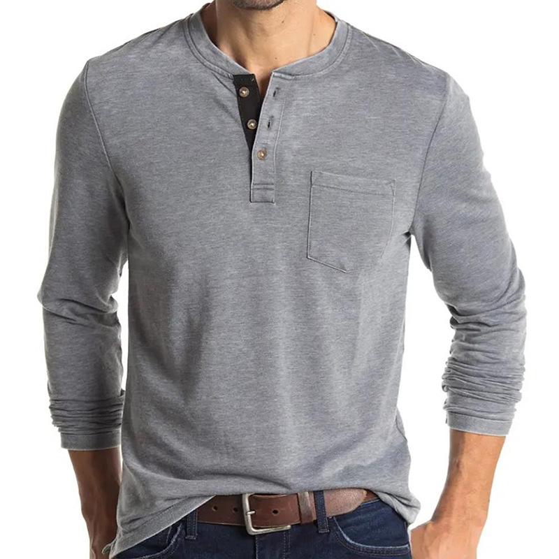 Men's Casual Long Sleeve Henley Shirt with Chest Pocket