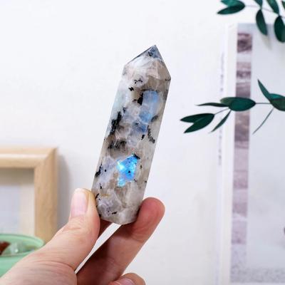 Natural Black Moonstone Hexagonal Prism Polished Energy Column Ornament