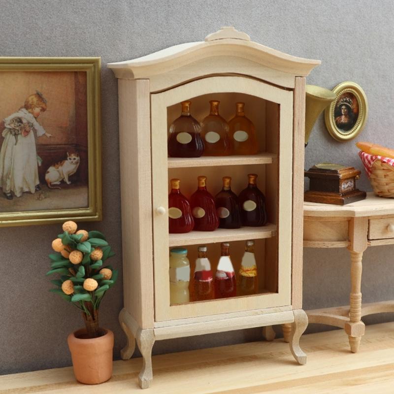 Wood Cabinet Toy Figure Display Shelf Model Realistic Vintage Realistic Doll House Pretend Girls Gift Realistic Cabinet