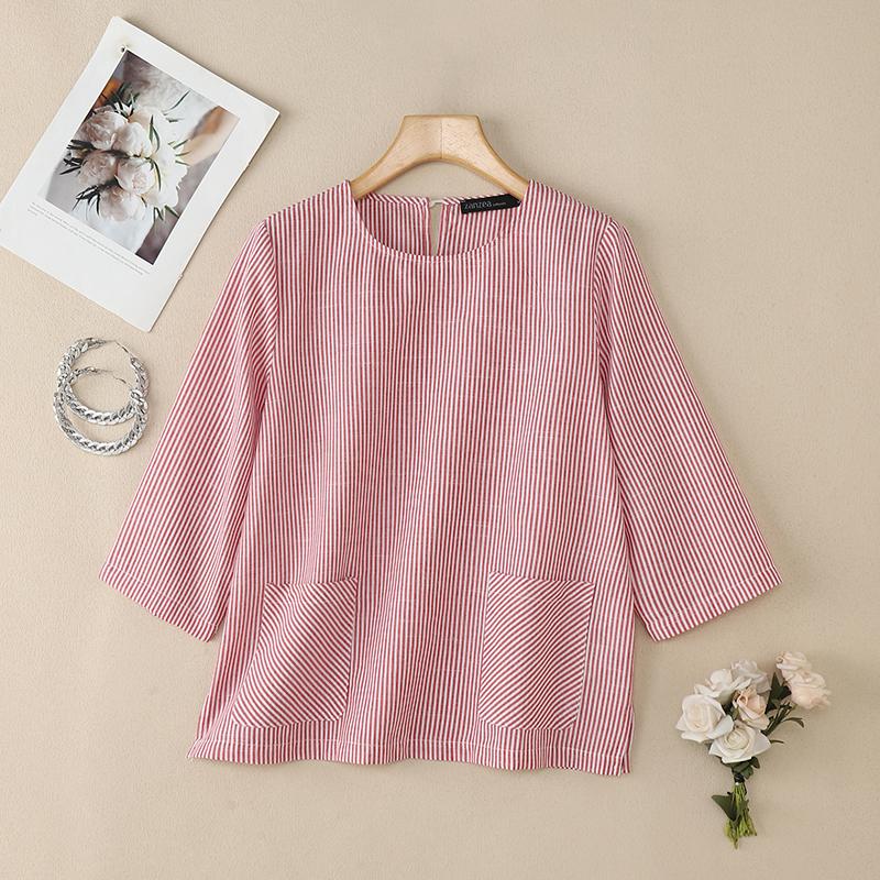 

ZANZEA Женская блузка с круглым вырезом, рукавами 3/4, свободная, в полоску 5XL красный