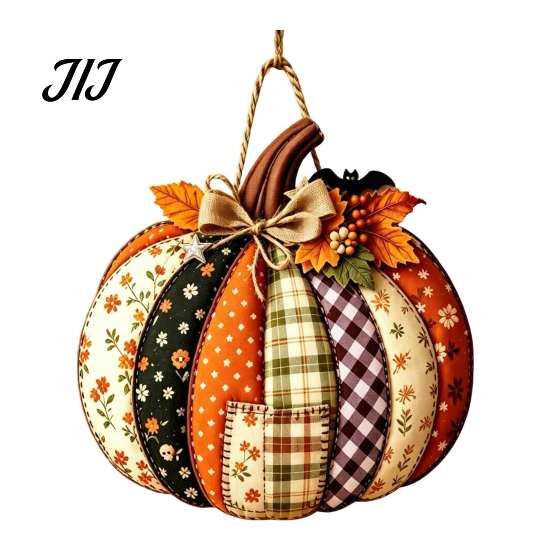 Seasonal Indoor Outdoor Sign Patchwork Pumpkin Wooden Door Hanger, Fall Harvest Halloween Decorative Maple Leaf Wreath with Leaves Berries, Farmhouse