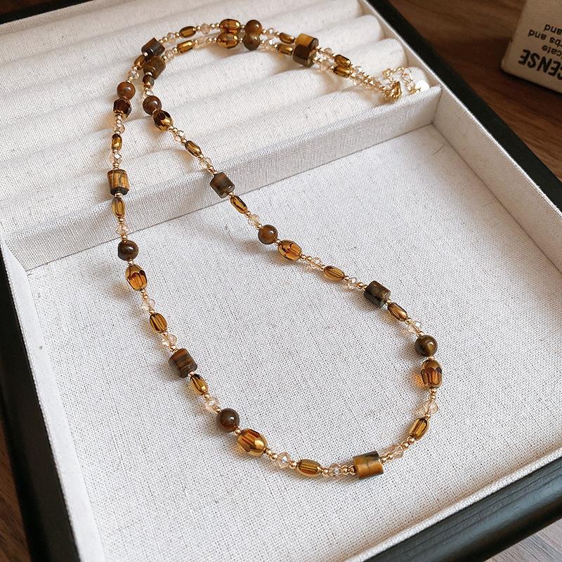 European and American retro coffee color tiger's eye stone beaded pearl necklace light luxury niche collarbone chain temperament advanced sense