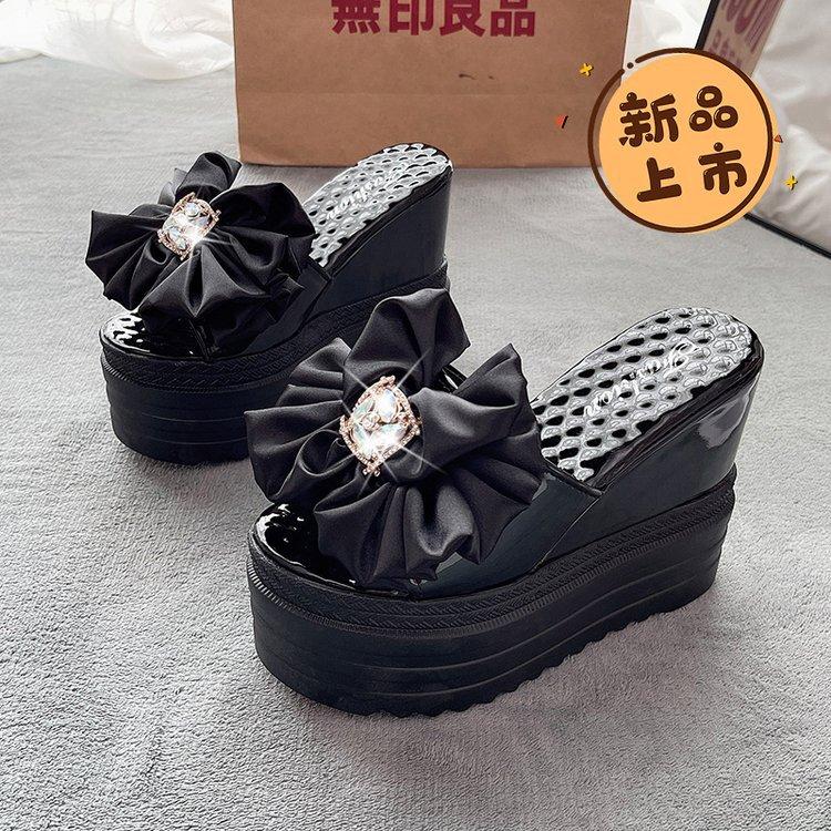 Summer New Muffin Bottom One-word Sandals High-heeled Bow Wedge Slippers Waterproof Table Slippers