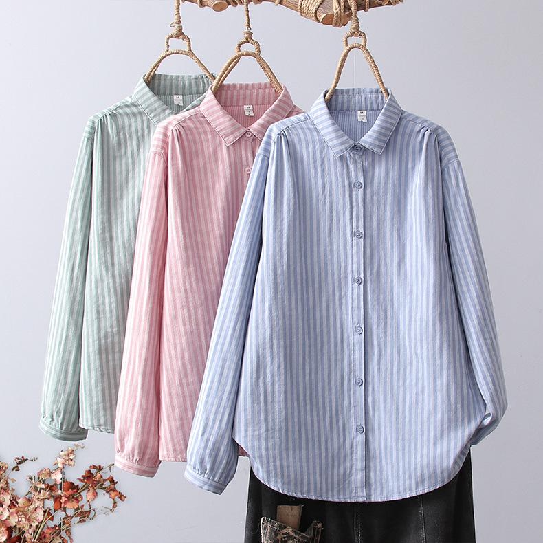Long Sleeved Shirt Women's Korean Version Loose Slimming Embroidery Double-layer Cotton Yarn White Base Shirt