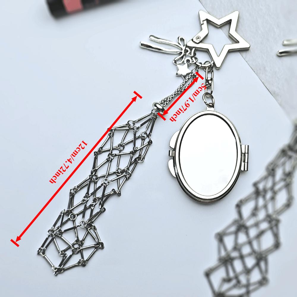 Custom Logo Y2k Popular Metal Gold Lipstick Mesh Pouch Keychain Pendant Portable Keyring Mirror Protective Key Chain Woman Ring Custom 1-side