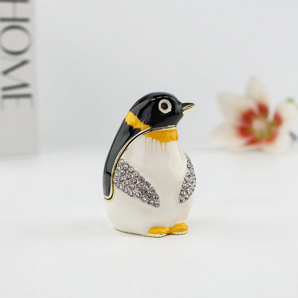 SHINNYGIFTS Traditional Gold-Plated Hand Painted Enamel Penguin Figurine Trinket Box Rhinestone Inlay Mini Metal Jewelry Storage