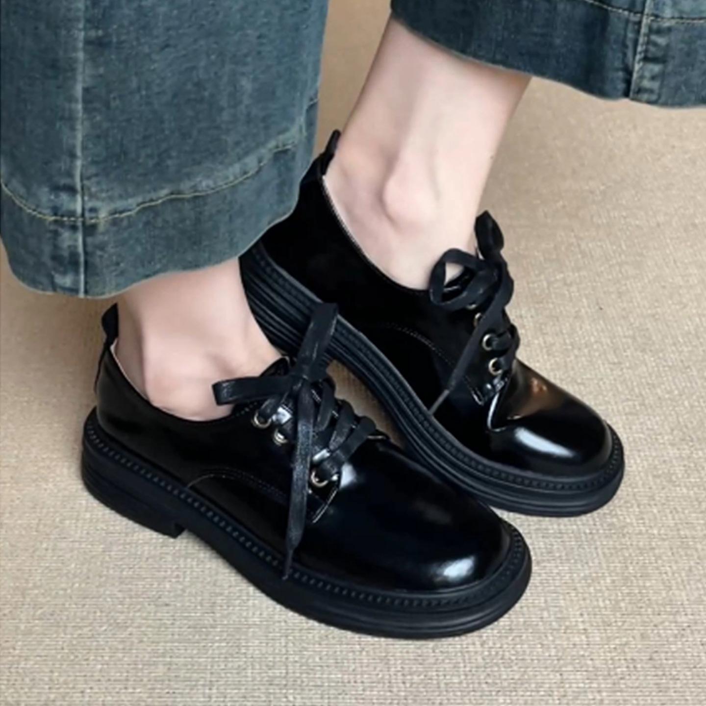 

French British round head thick heel platform lace-up loafers autumn 2025 new college style small leather shoes 40