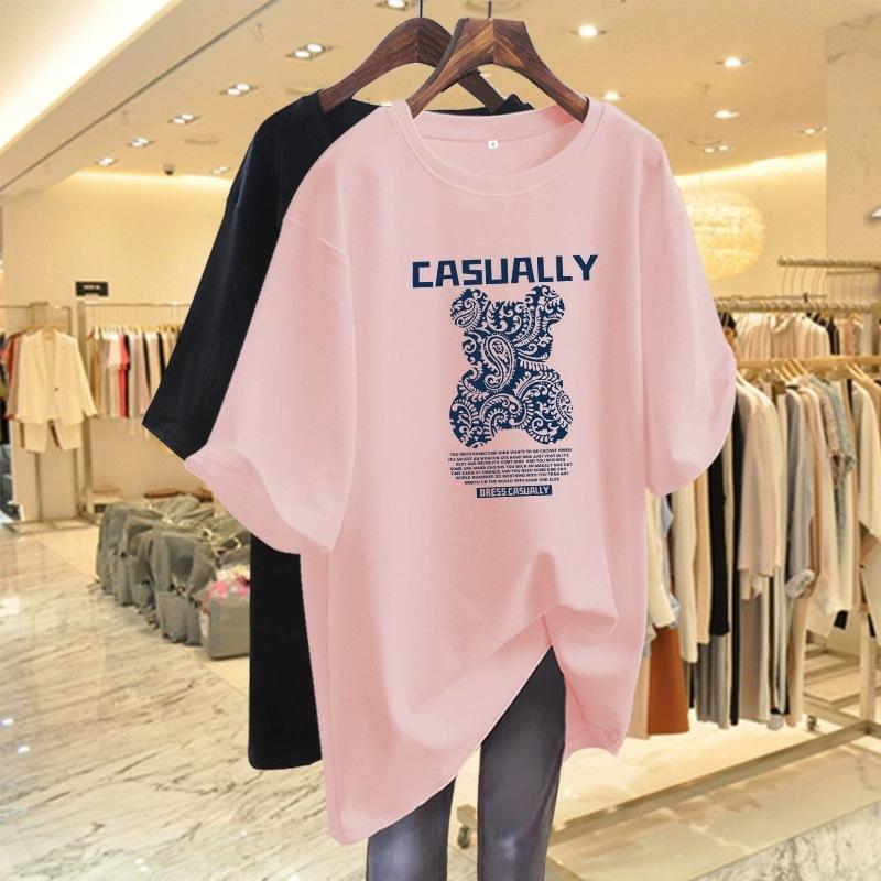 Pure Cotton Bear Print Short Sleeve T-shirt for Women In Summer New Loose Large Size Mid-Length Top for Butt