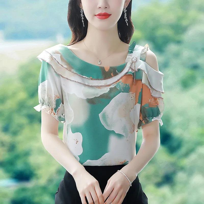 Sommer Neues Koreanisches Stil Chiffon Hemd Kurzärmelige Bluse Bedruckt Mode Locker Blumen Top