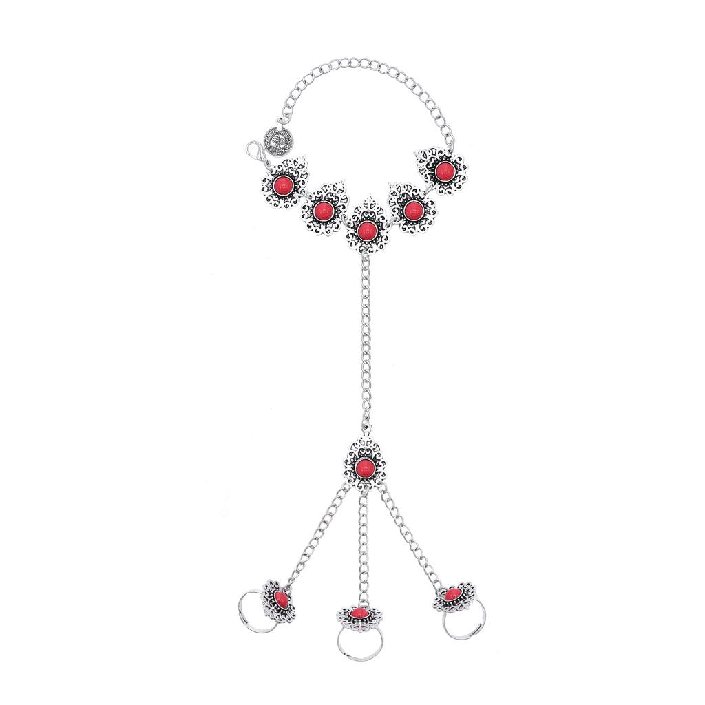 Vintage Silvery Long Chains Finger Pulling Bracelet Alloy Carving Flower Round Acrylic Gem Boho Ethnic Women's Bracelet Jewelry