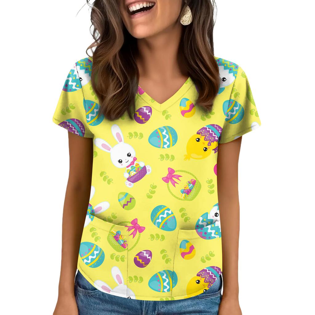 Women's V-Neck Easter Print Short-Sleeve Pocket Top With Side Slit