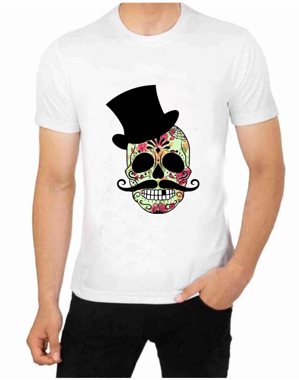 Sugar Skull Face With Top Hat and Mustche Art T Shirt S