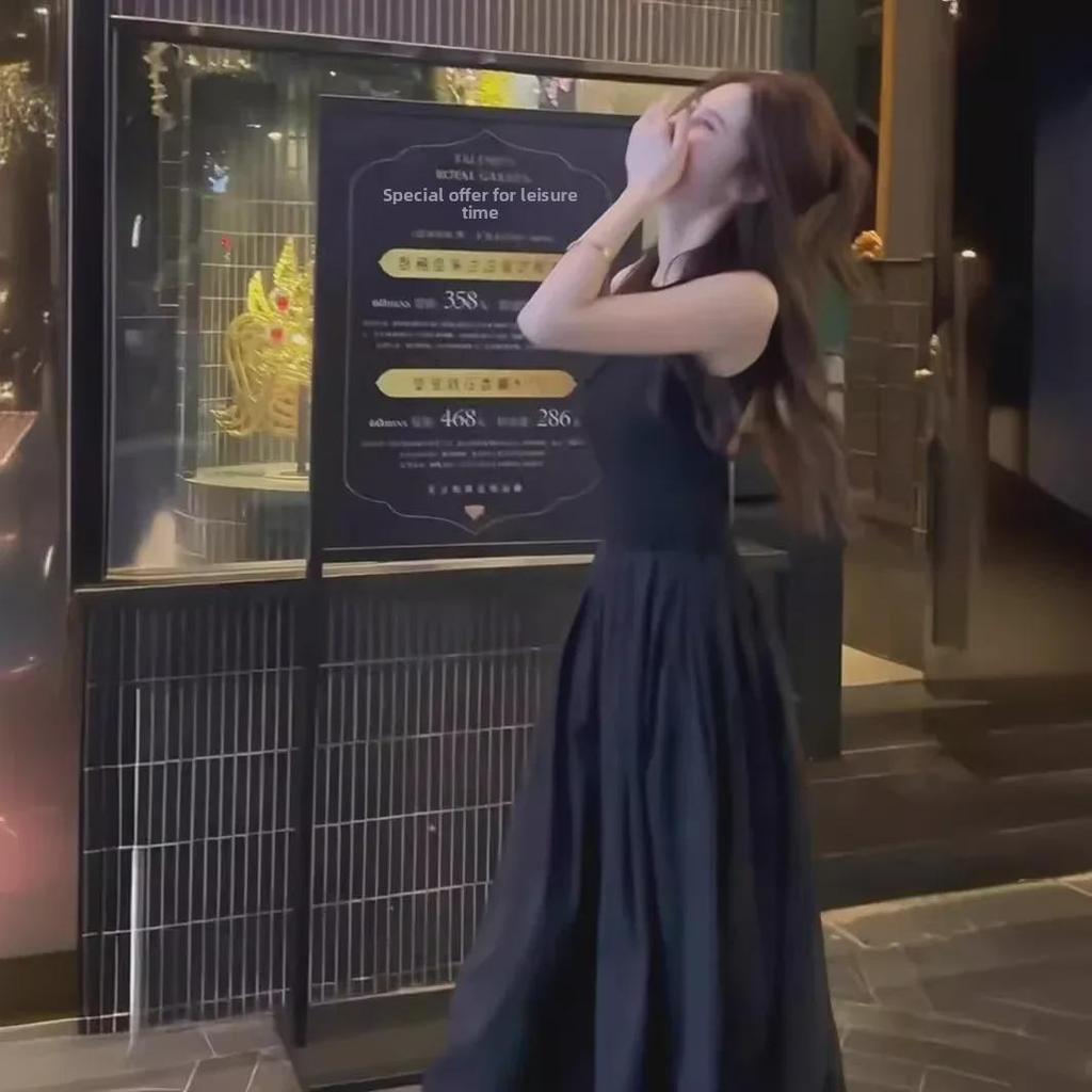 Rochie de vară neagră pentru femei 2024, fără spate, linie A, cu talie subțire