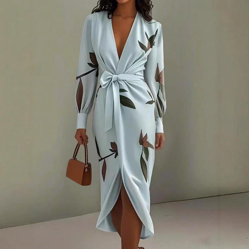 2025 European & American Women's V-Neck Long Sleeve Lace-Up Printed Dress - Light Luxury, High-End Feel