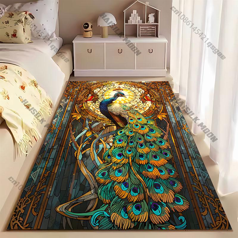 Radiant peacock vibrant stained glass carpet Yoga living room room decor children's crawling mat doormat area rug