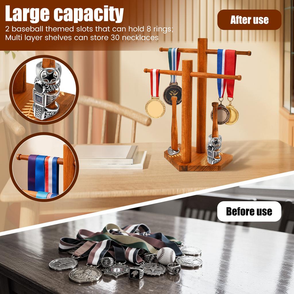 Baseball Ring Holder 2 Layer Wooden Softball Drip Necklace Display Organizer Championship Stacked Ring Stand Present for Player