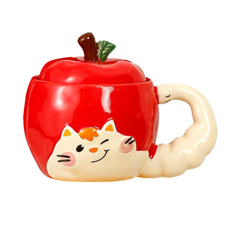 Kreslený Roztomilý Hrnek Jablko s Víčkem Kreativní Kočičí Ucho Keramický Hrnek na Vodu Kancelářský Hrnek na Kávu Suvenýr