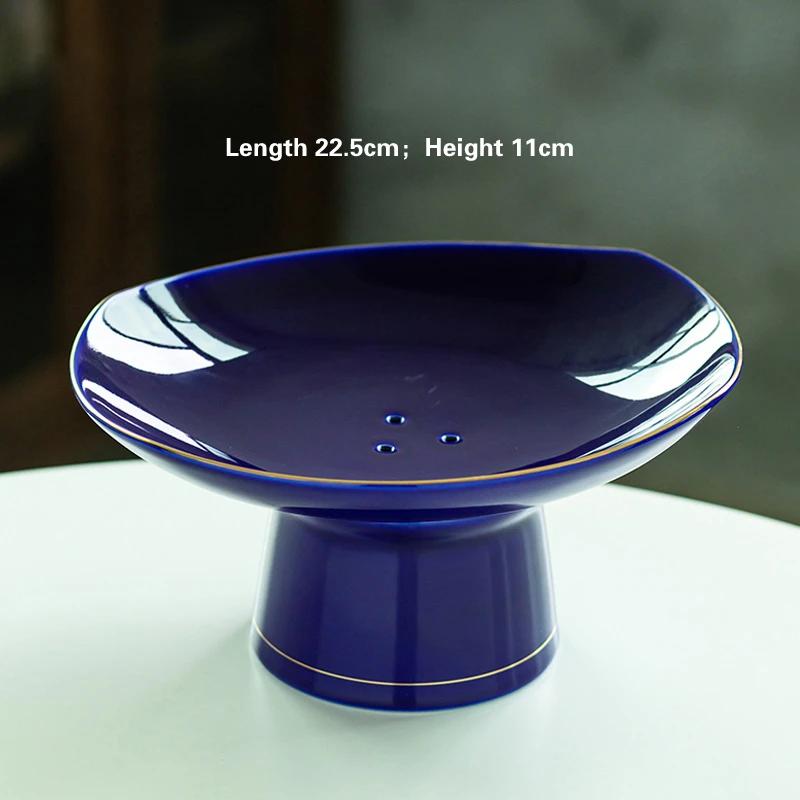 Living Room Household Snacks Tribute Plate Bowl Light Luxury Tea Table Blue and White Ceramic High Foot Tea Tray Fruit Plate