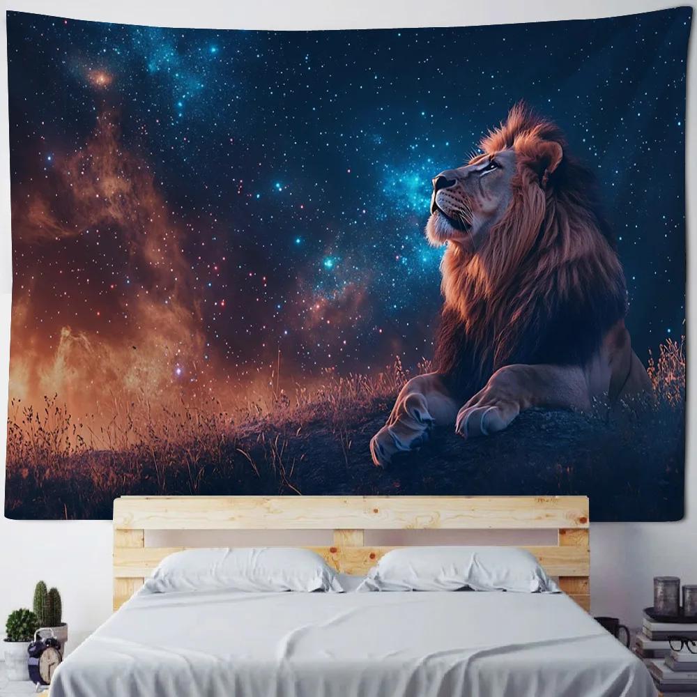 Nordischer Stil Löwenbrüllen Sternenhimmel Wandteppich Traumhafte Tiere Wandbehang für Wohnzimmer Esports-Streamer-Raum Schlafzimmer von Männern Dekoration