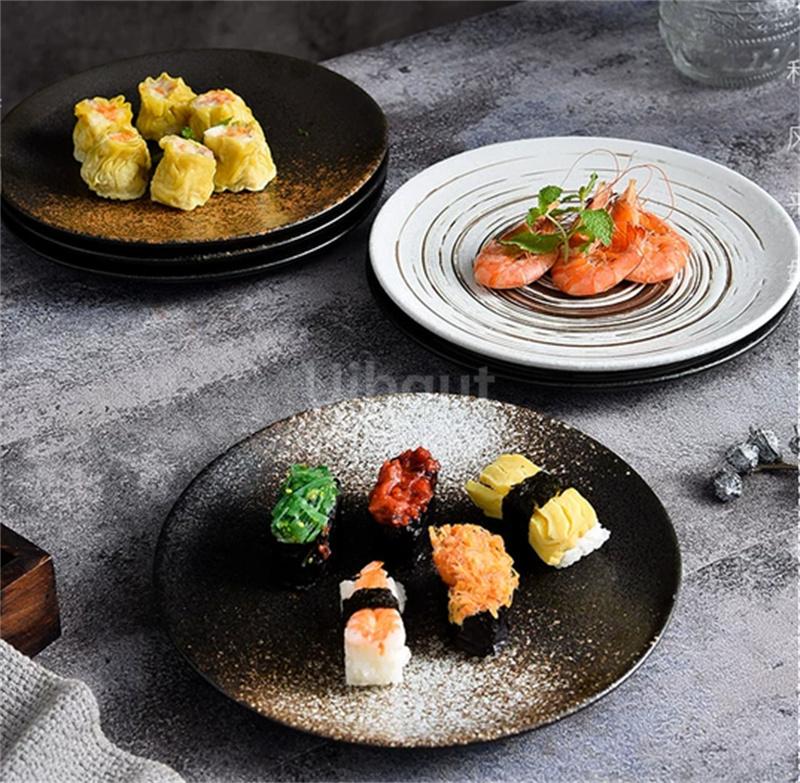 6 7 8 9 10 Inchs Retro sushi Disc Restaurant Steak Plate Japanese style Ceramic Flat Disk Western round Pasta Tray tableware