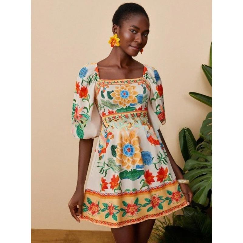 VEZFAA Women's Fashion Summer Spring Flower Pattern Print 1/2 Sleeves Square Collar High Waist Casual Dresses
