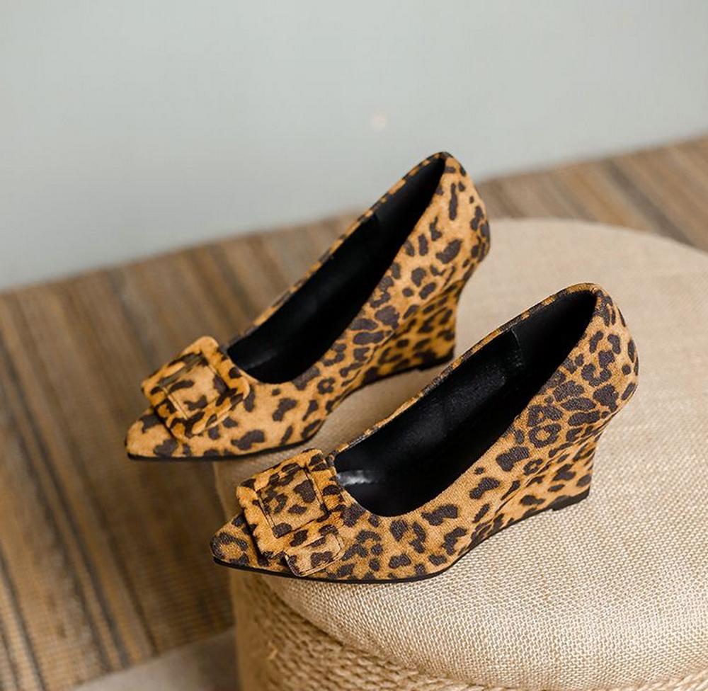 Fashion FHC New Suede Leather Wedges High Heels,Office Lady Working Shoes,Woman Pumps,Slip On,Pointed Toe,Black,Leopard,34-42,Dropship
