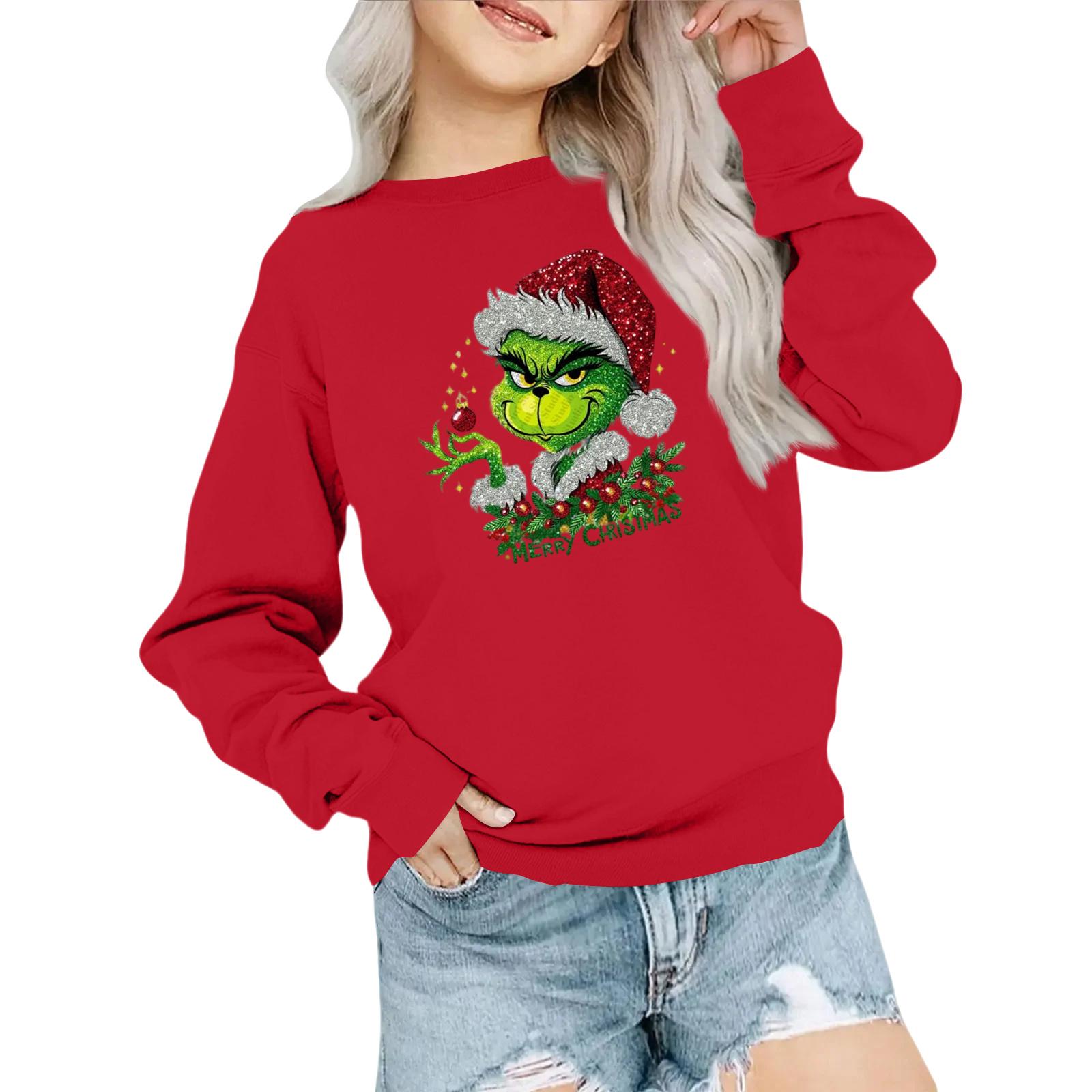 

Детская модная толстовка оверсайз с круглым вырезом, свободного кроя, с длинными рукавами, с повседневным рождественским принтом 130 красный