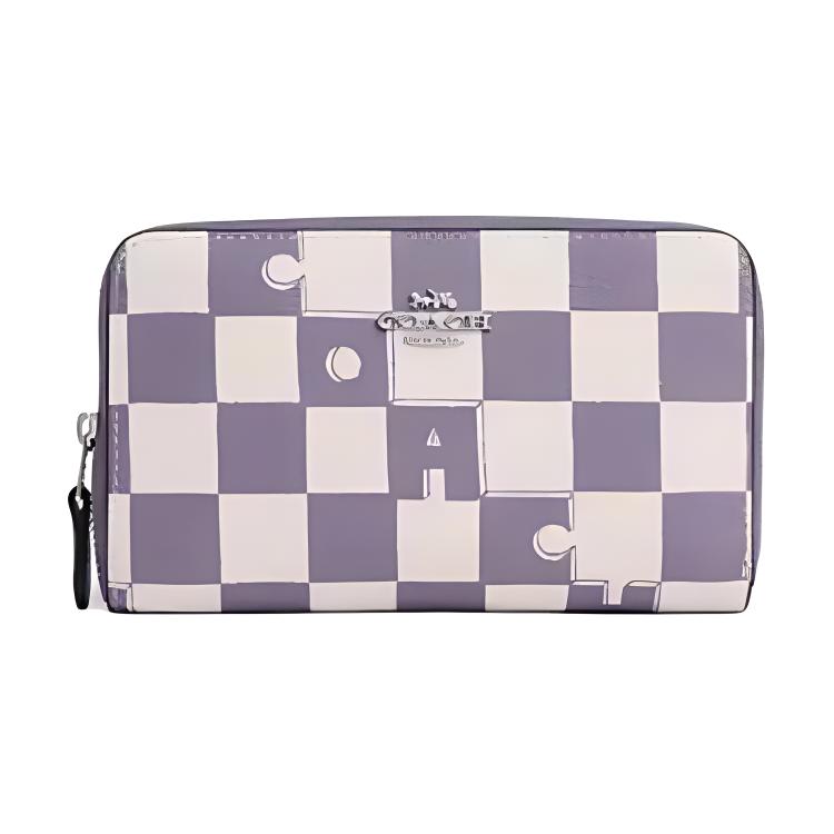 Coach Id Zip Wallet 16 Checkerboard Print Logo Zipper Closure Canvas And Leather Wallet Women wallet Light-Purple White CR789-SVWPB Basic Set (Bag+Dust Bag)