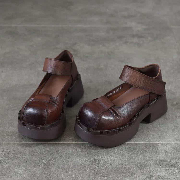 Johnature Thick Soled High Heels Pumps Genuine Leather Retro Round Toe Thick Heeled Women's Shoes