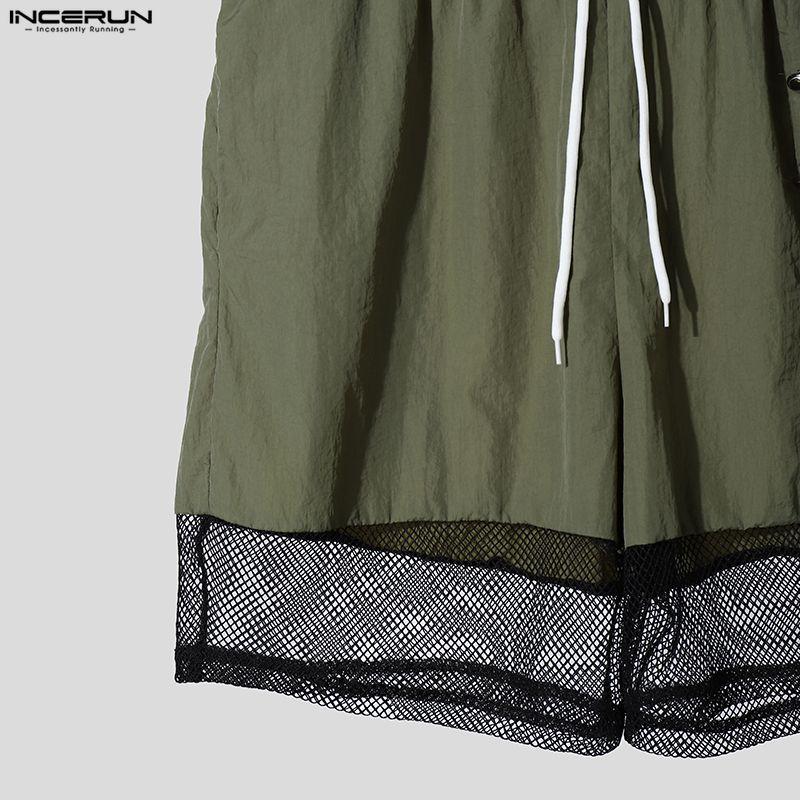 INCERUN Men Drawstring Elastic Waist Pockets Hollow Patchwork Casual Cargo Shorts Pants