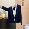 Early Autumn Women's Fake Two Fashionable and Comfortable Contrasting Color Knitted Cardigan Tops