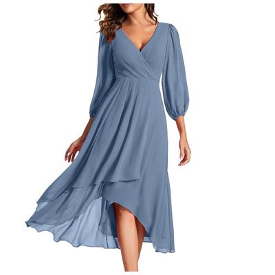 Elegantné večerné šaty s dlhými rukávmi, plisovanými volánmi, dĺžky po kolená, Ever Pretty zo šifónu, námornícka modrá, šaty pre svadobného hosťa