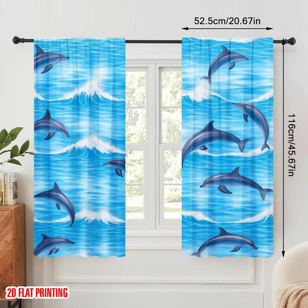 2pcs,2D plane printing Curtains Roller Blinds Dolphin Waves Polyester (without rod) Decorations Inside Perfect for Living Room,