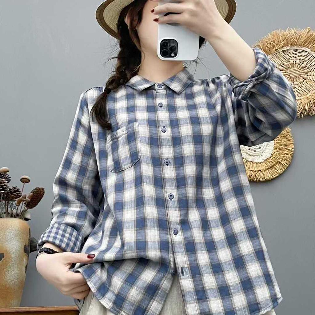 2026 Spring Women's Casual Plaid Long Sleeve Lapel Shirt - Versatile, Age-Reducing, and Relaxed Style