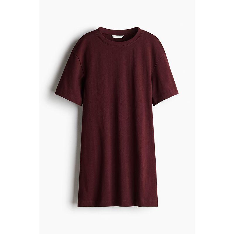 

HM Women s Clothing Dress 2025 Summer New Arrival Work Clothing round Neck Waist Trimming T-shirt Short Sleeve Dress 1283263 Burgundy 155/80(XS)
