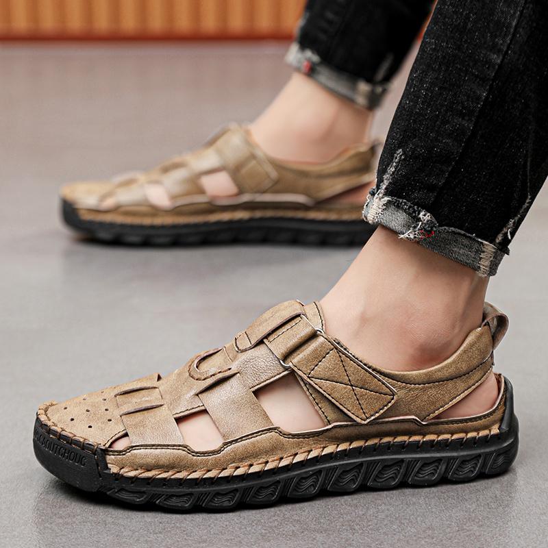 Outdoor Quick Dry Male Sandals Hand-stitching Mens Summer Shoes New Casual Leather Beach Flats Anti Collision Toe Roma Sandals