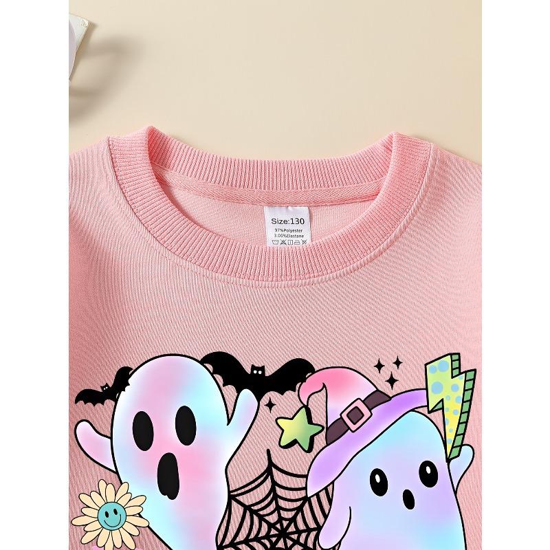 European Sizes Girls' Long-Sleeve Crewneck Sweatshirt "Cute for Halloween Ghosts" Printed Top, Casual for Celebrations & Everyday Wear